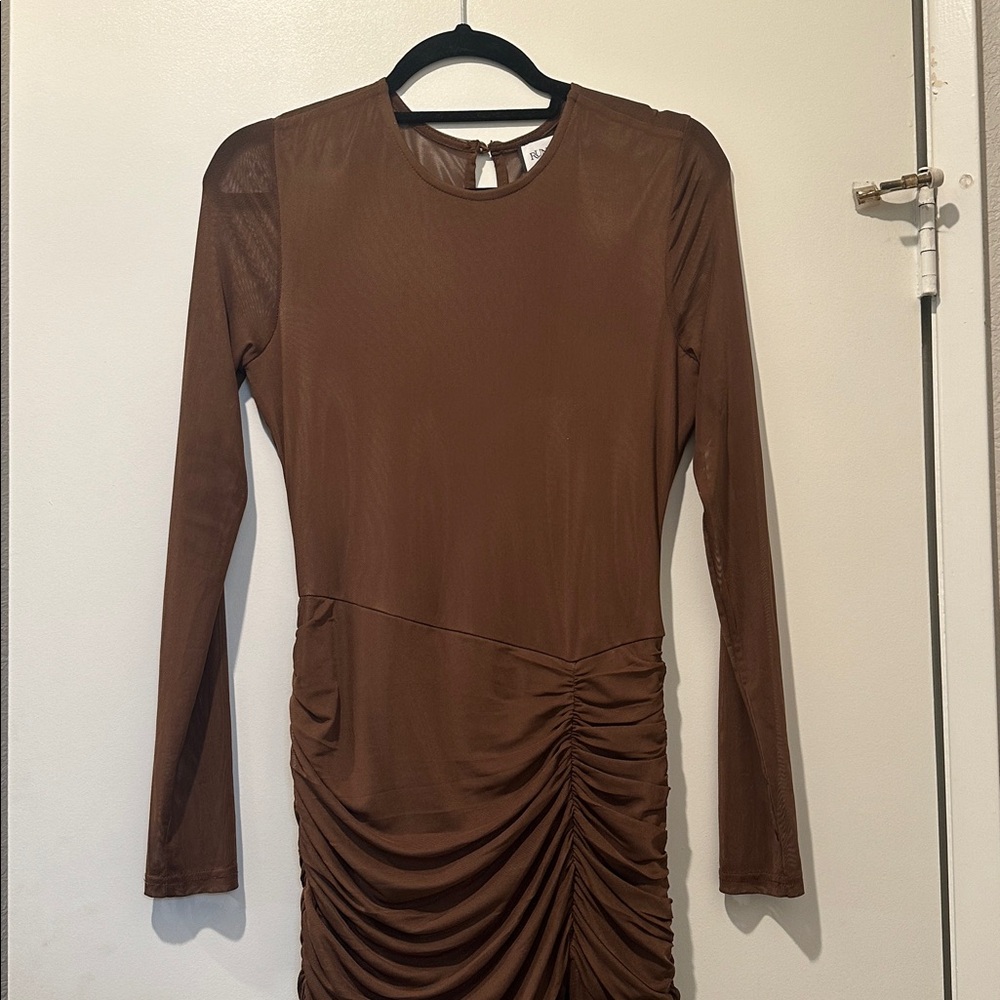 Sheer Ruched Maxi Dress in Chocolate Brown - Picture 12 of 15